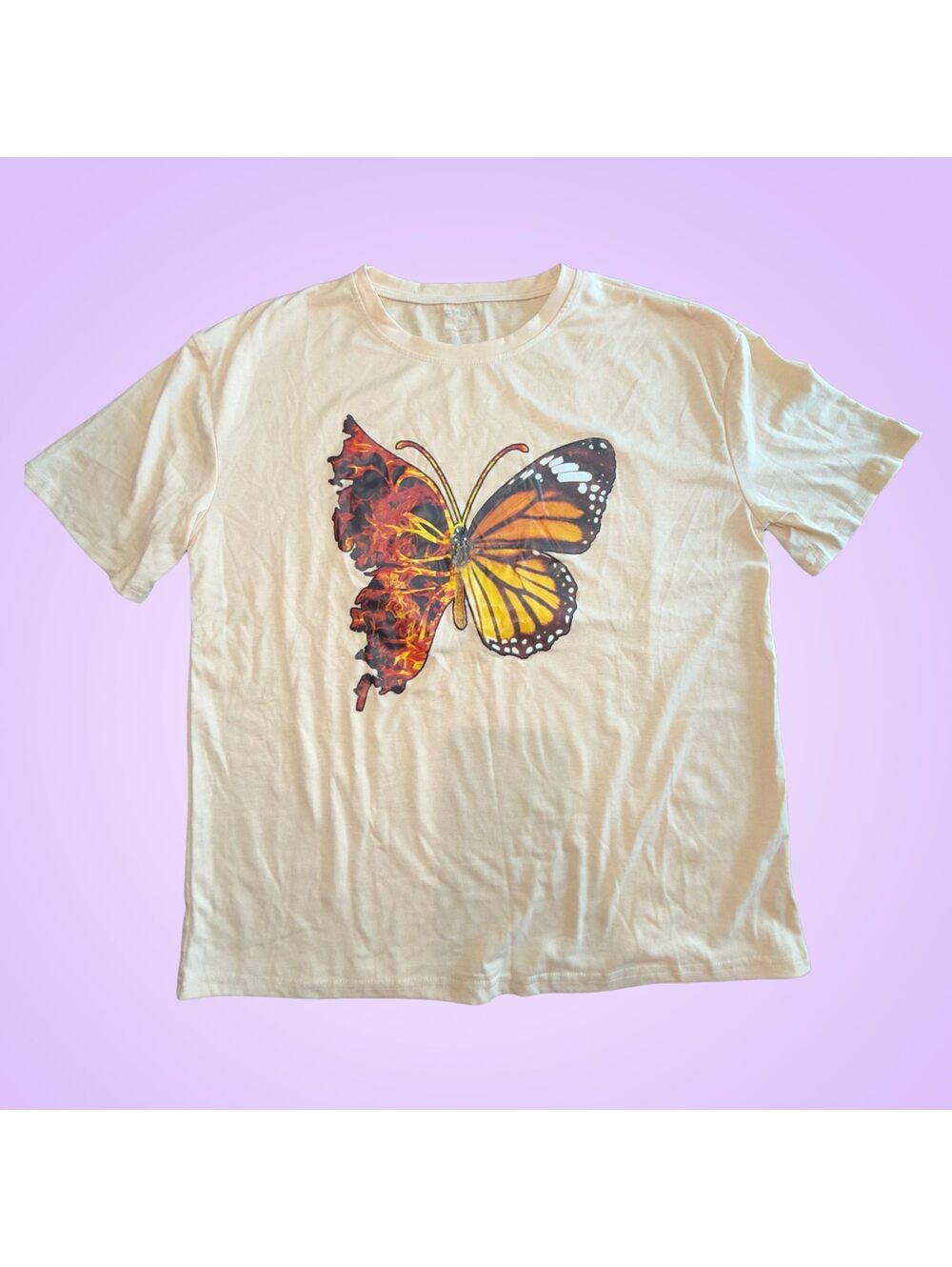 Women’s XS SHEIN Beige Butterfly Graphic T-Shirt Floral Nature Short Sleeve